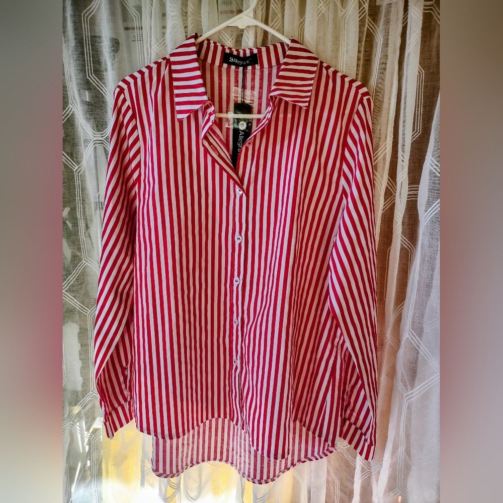 Allegra K Red and White Striped Button Down Shirt